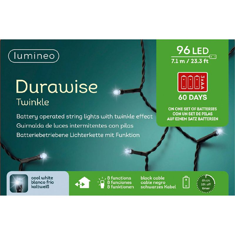 Foto van Led durawise twinkle buitenverlichting op batterij helder wit 96 lampjes - kerstverlichting kerstboom