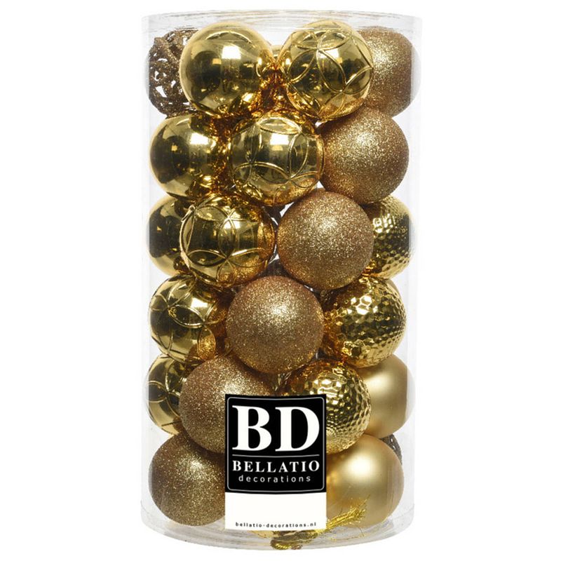 Foto van 37x stuks kunststof kerstballen goud 6 cm inclusief kerstbalhaakjes - kerstbal