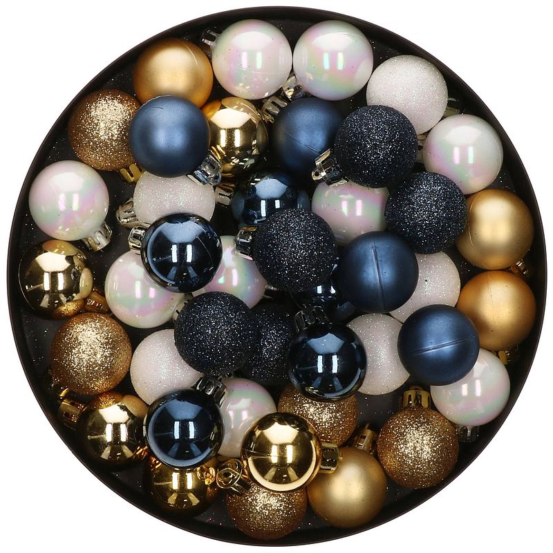 Foto van 42x stuks kunststof kerstballen mix wit/goud/donkerblauw 3 cm - kerstbal