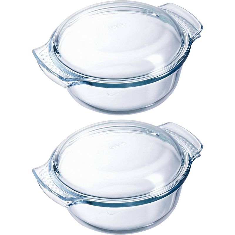 Foto van Pyrex ovenschaal/braadslede 1,3 liter - 2x - rond met deksel - glas - 18 x 10 x 21 cm - ovenschalen