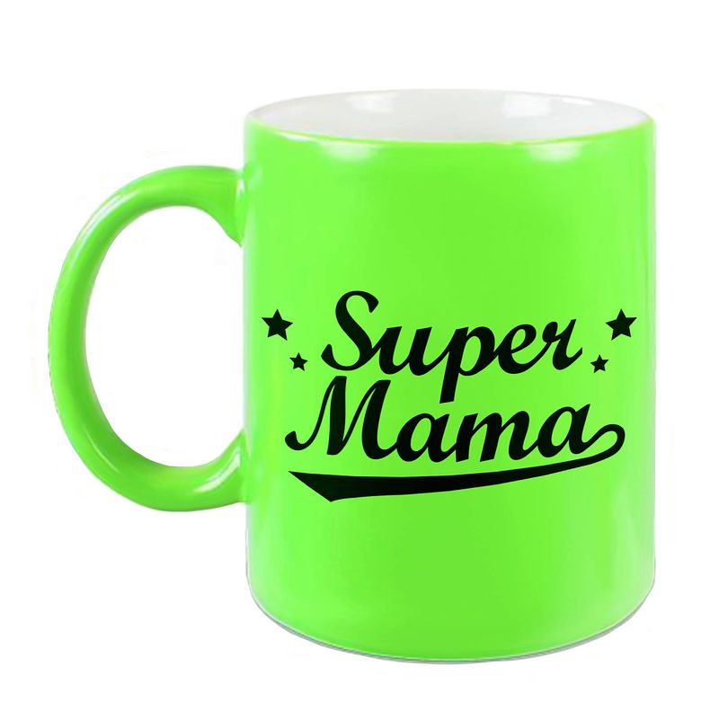 Foto van Super mama mok / beker neon groen voor moederdag/ verjaardag 330 ml - feest mokken