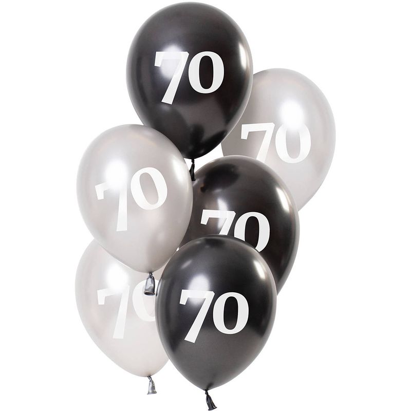 Foto van Folat ballonnen glossy 70 jaar 23 cm latex zwart/zilver 6 stuks