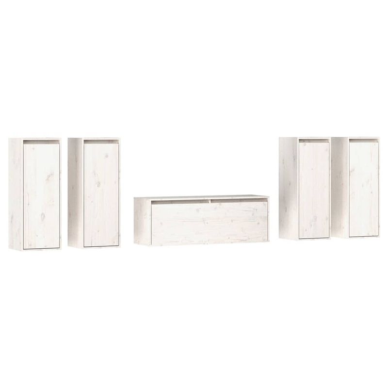 Foto van The living store wandkasten - massief grenenhout - set van 5 - wit - tv-meubel- 100x30x35cm - hangkast- 30x30x80cm