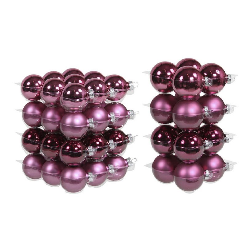 Foto van 52x stuks glazen kerstballen cherry roze (heather) 6 en 8 cm mat/glans - kerstbal