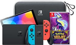 Foto van Nintendo switch oled rood/blauw + pokémon violet + travel case met screenprotector