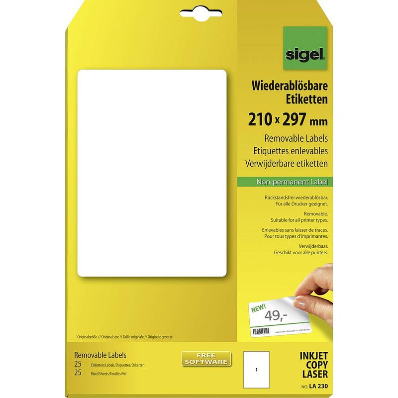 Foto van Sigel la230 etiketten 210 x 297 mm papier wit 25 stuk(s) weer verwijderbaar universele etiketten 25 vel din a4