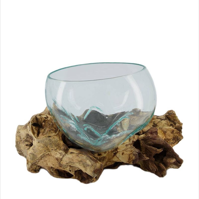 Foto van Decoratief teakhout standaard met glas-naturel-33x23x18cm