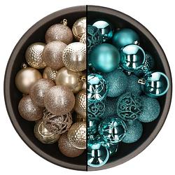 Foto van 74x stuks kunststof kerstballen mix van champagne en turquoise blauw 6 cm - kerstbal