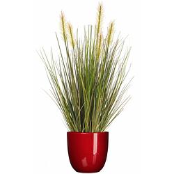 Foto van Kunstplant groen gras sprieten 45 cm in rood glans bloempot - kunstplanten