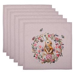 Foto van Clayre & eef servetten katoen set van 6 40*40 cm wit, roze, beige 100% katoen vierkant konijn en bloemen servet stof