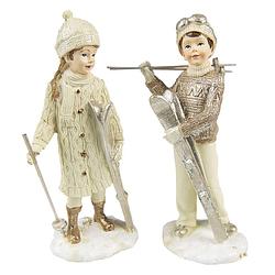 Foto van Clayre & eef beeld set van 2 kinderen 14 cm beige kunststof decoratief figuur decoratieve accessoires kerstdecoratie