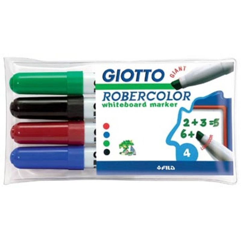 Foto van Giotto robercolor whiteboardmarker maxi, schuine punt, etui met 4 stuks in geassorteerde kleuren