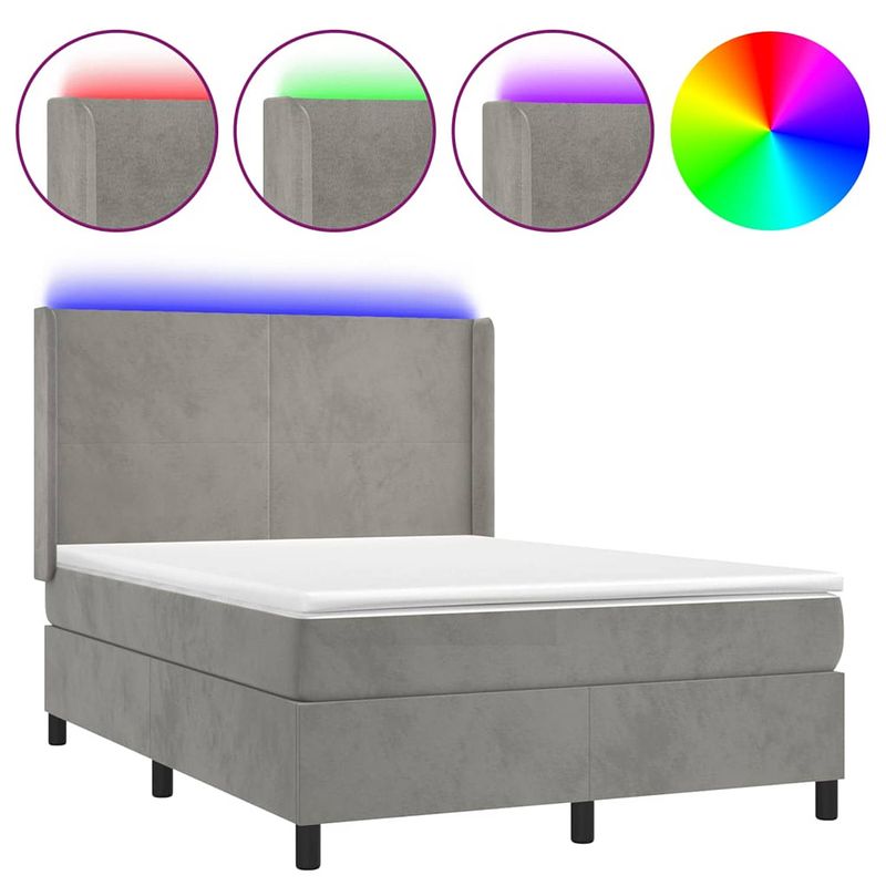 Foto van The living store boxspring met matras en led fluweel lichtgrijs 140x190 cm - bed