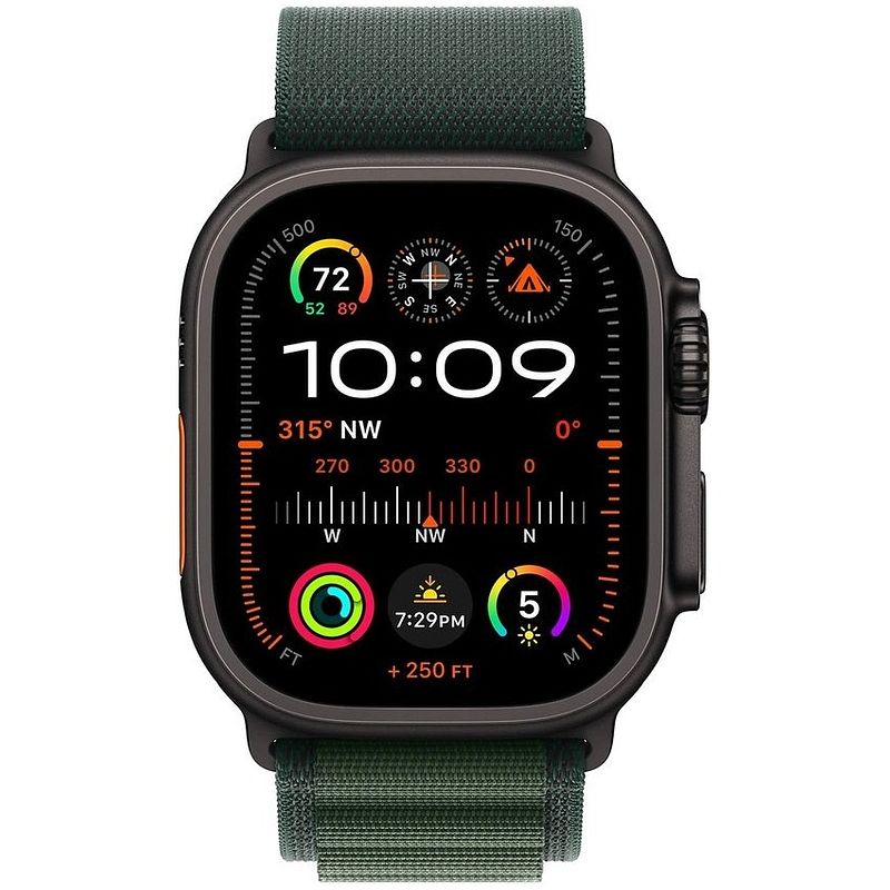 Foto van Apple watch ultra 2 gps + cellular 49mm titanium case met dark green alpine loop - medium smartwatch zwart