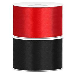 Foto van Set van 2 stuks sierlinten/cadeaulinten/satijnen linten zwart en rood 38 mm x 25 meter - cadeaulinten