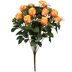 Foto van Louis maes kunstbloemen boeket rozen/bloesem met bladgroen - oranje - h49 cm - bloemstuk - kunstbloemen