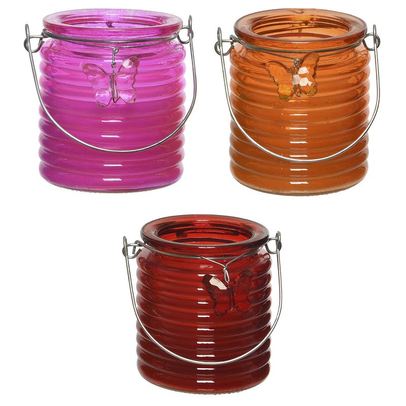 Foto van Set van 3x stuks citronella anti muggen kaarsen windlicht roze, oranje en rood 20 branduren - geurkaarsen