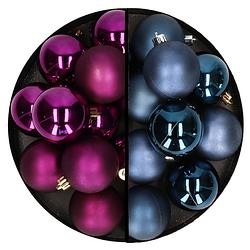 Foto van Kerstballen 24x stuks - mix donkerblauw en paars - 6 cm - kunststof - kerstbal