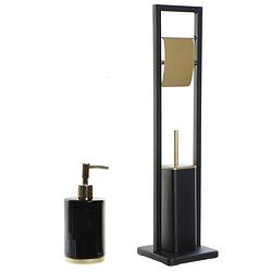 Foto van Toiletborstel set - zeeppompje/toiletrolhouder zwart/goud metaal 80 cm - toiletborstels