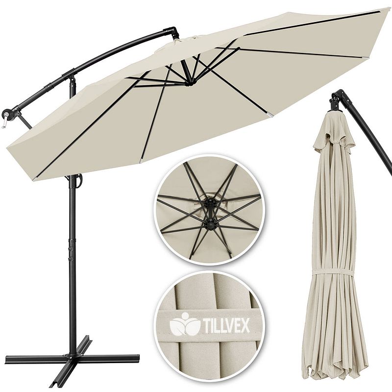 Foto van Tillvex parasol ø 3m beige-zweefparasol -hangparasol- vrijhangende parasol- tuinparasol- slinger-balkon- aluminium-ka...