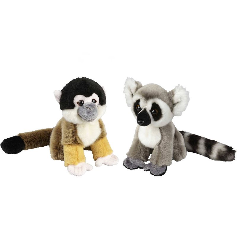 Foto van Apen serie zachte pluche knuffels 2x stuks - ringstaart maki en squirrel aapje van 18 cm - knuffel bosdieren