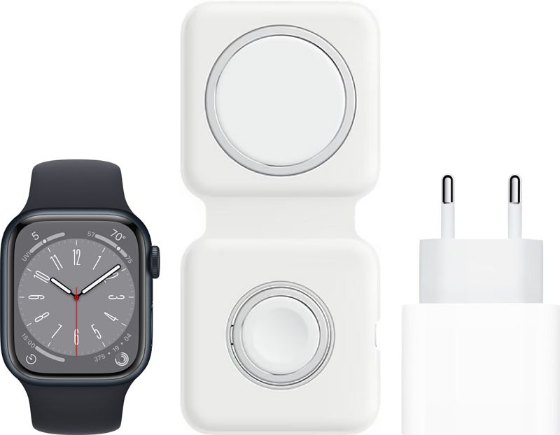 Foto van Apple watch series 8 4g 45mm midnight aluminium midnight sportband + magsafe oplaadpakket