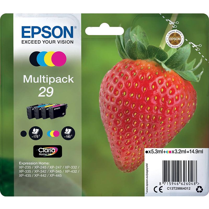 Foto van Epson inktcartridge 29, 180 pagina'ss, oem c13t29864012, 4 kleuren 8 stuks