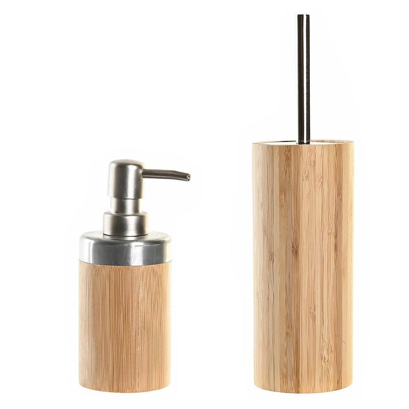 Foto van Toiletborstel met houder 38 cm en zeeppompje 300 ml bamboe/metaal - badkameraccessoireset