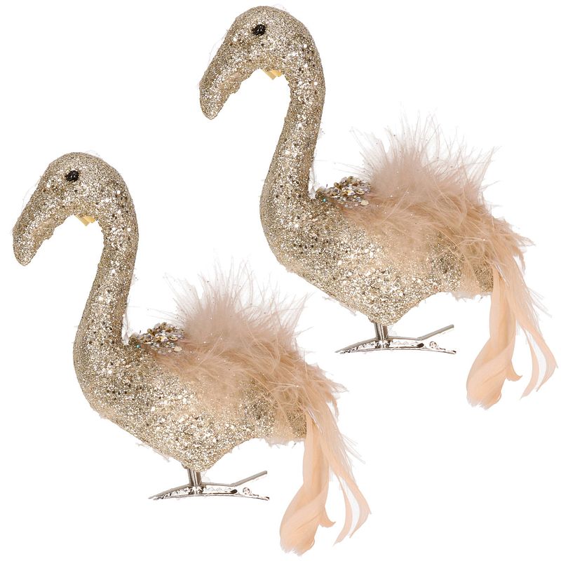 Foto van 2x stuks decoratie vogels op clip flamingo goud 13 cm - kersthangers