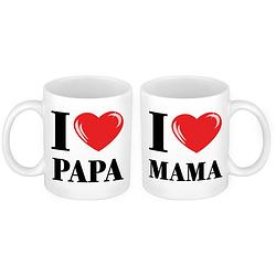 Foto van I love mama en papa mok - cadeau beker set voor papa en mama - feest mokken