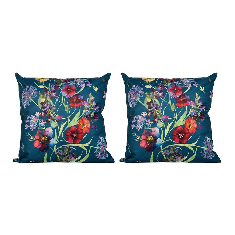 Foto van 2x bank/sier kussens donkerblauw met bloemen print voor binnen en buiten 45 x 45 cm - sierkussens