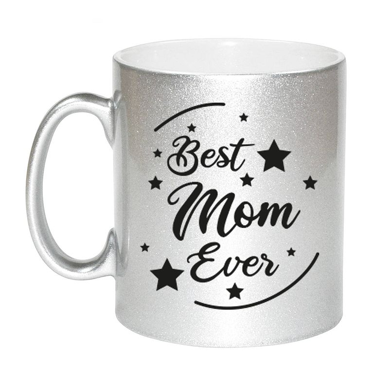 Foto van Zilveren best mom ever cadeau koffiemok / theebeker 330 ml - feest mokken