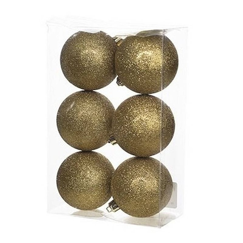 Foto van 6x gouden kunststof kerstballen 8 cm - glitter - onbreekbare plastic kerstballen - kerstboomversiering goud