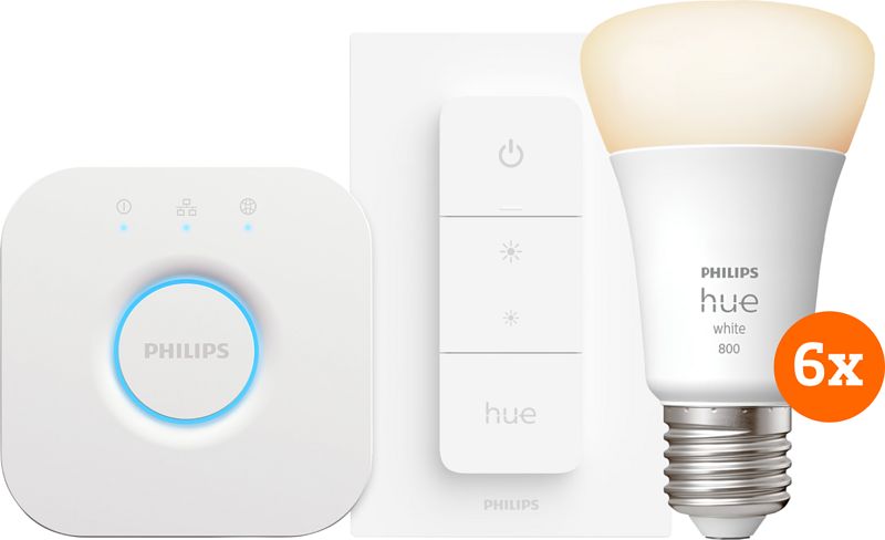 Foto van Philips hue white starter pack e27 met 6 lampen, dimmer + bridge