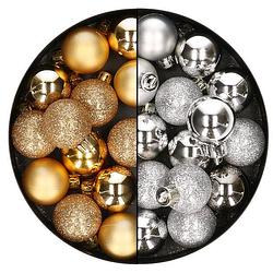 Foto van 28x stuks kleine kunststof kerstballen goud en zilver 3 cm - kerstbal