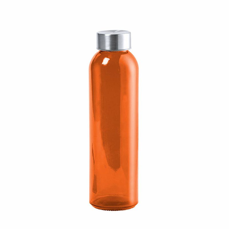 Foto van Glazen waterfles/drinkfles/sportfles - oranje transparant - met rvs dop - 500 ml - drinkflessen