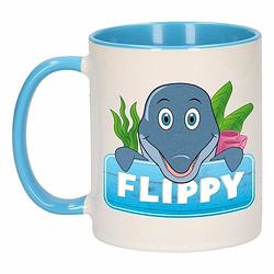 Foto van 1x flippy beker / mok - blauw met wit - 300 ml keramiek - dolfijnen bekers