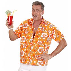 Foto van Hawaii blouse oranje met witte bloemen verkleedkleding voor heren m/l - carnavalsblouses