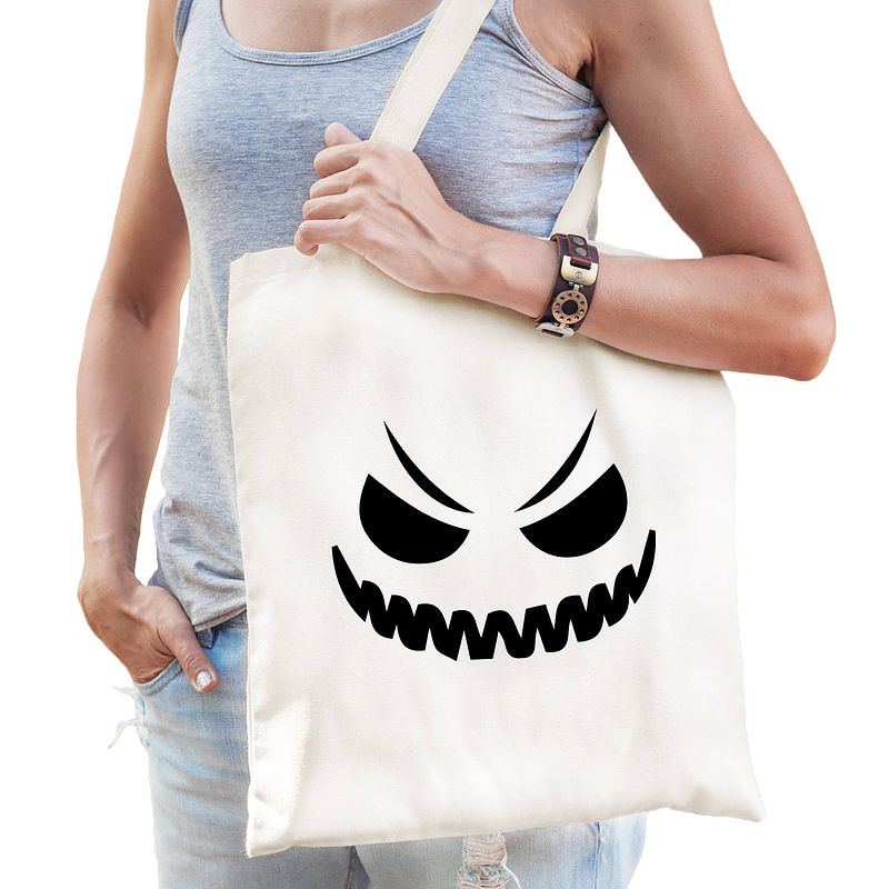Foto van Halloween spook gezicht halloween trick or treat katoenen tas/ snoep tas wit - verkleedtassen