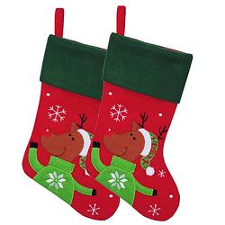 Foto van Decoratie kerstsokken - 2x - rood - met rendier - h45 cm - polyester - kerstsokken