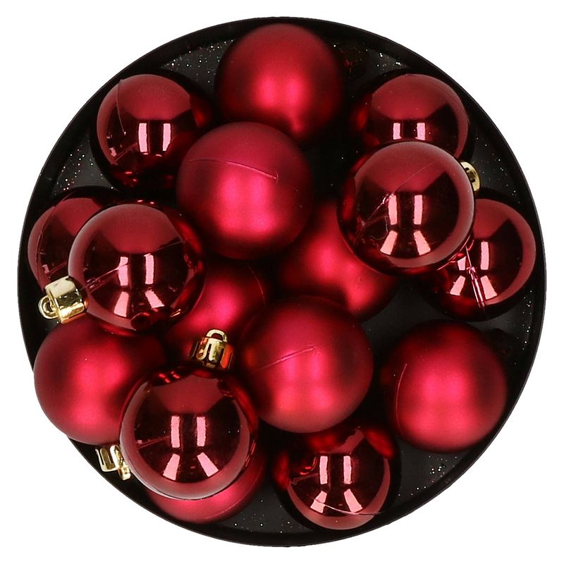 Foto van 32x stuks kunststof kerstballen donkerrood 4 cm - kerstbal