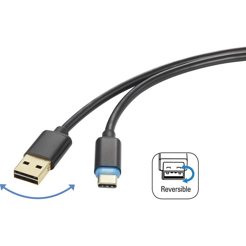 Foto van Renkforce usb-kabel usb 2.0 usb-a stekker, usb-c stekker 1.50 m zwart stekker past op beide manieren rf-4758090