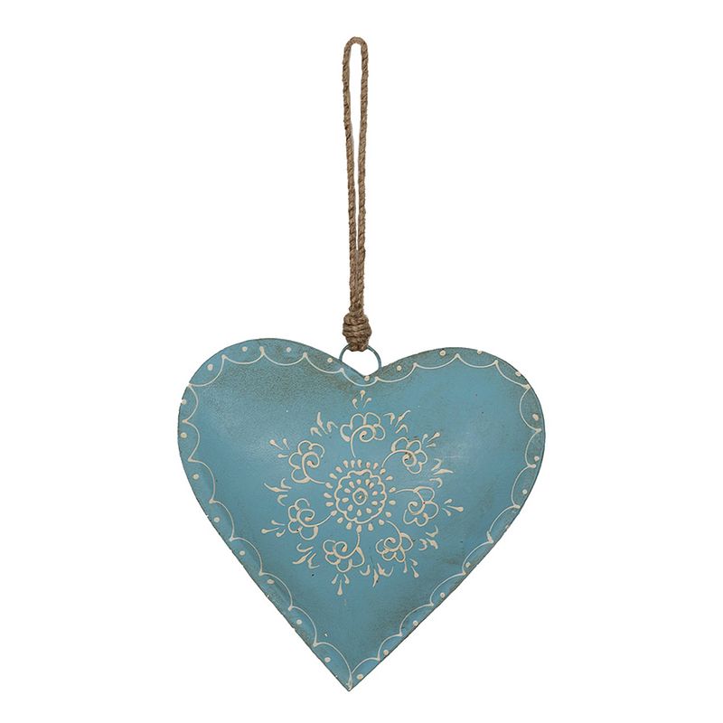 Foto van Clayre & eef decoratie hanger hart 20*1*20 cm blauw ijzer bloem woondecoratie blauw woondecoratie