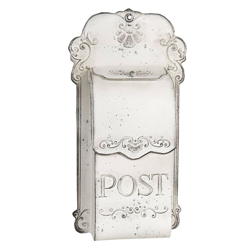 Foto van Haes deco - brievenbus vintage wit metaal met ornamenten en tekst ""post"", formaat 24x8x46 cm