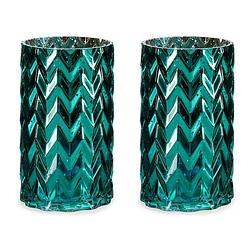 Foto van Bloemenvazen 2x stuks - luxe decoratie glas - turquoise blauw - 11 x 20 cm - vazen