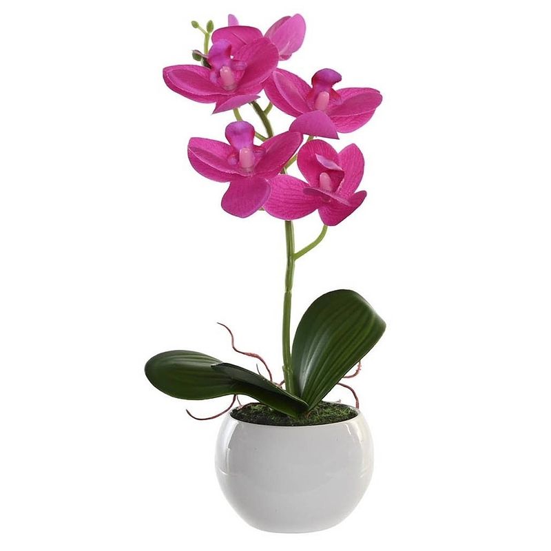 Foto van Orchidee bloemen kunstplant in witte bloempot - fuchsia roze bloemen - h29 cm - kunstplanten