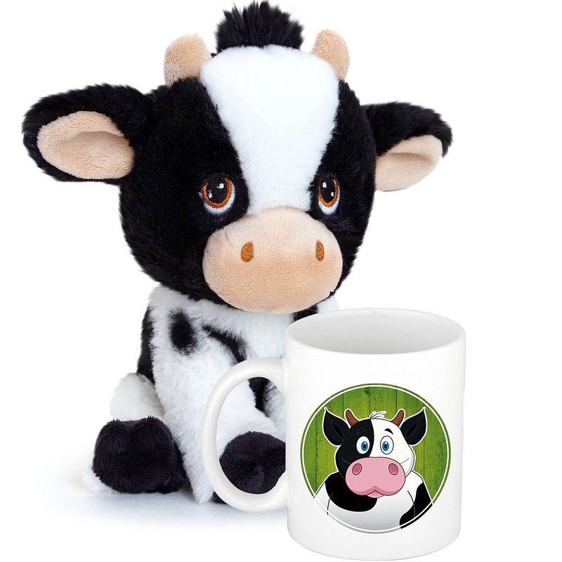 Foto van Cadeauset kind - koeien knuffel 18 cm en drinkbeker/mok koe 300 ml - knuffel boederijdieren