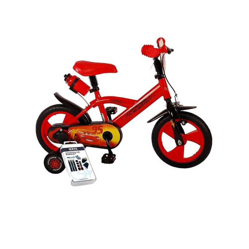 Foto van Volare kinderfiets - disney cars - 12 inch - doortrapper - met bidonhouder - inclusief ways bandenplakset