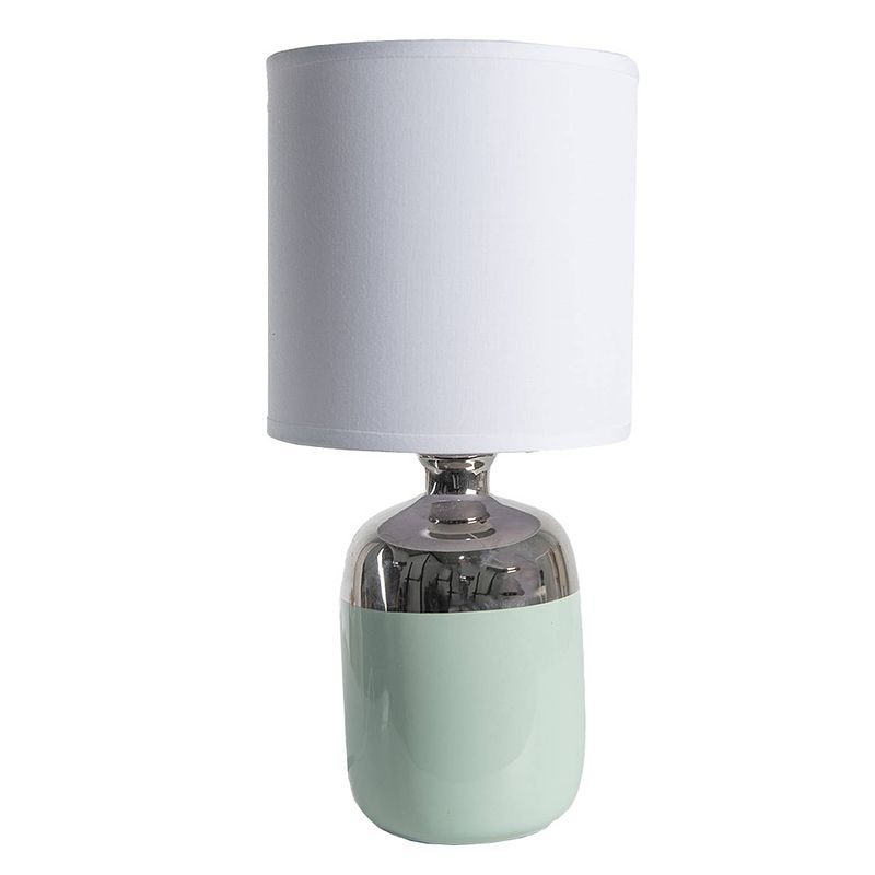 Foto van Clayre & eef tafellamp ø 15x33 cm wit zilverkleurig keramiek rond bureaulamp wit bureaulamp