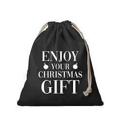 Foto van 1x kerst cadeauzak zwart enjoy your gift met koord voor als cadeauverpakking - cadeauverpakking kerst